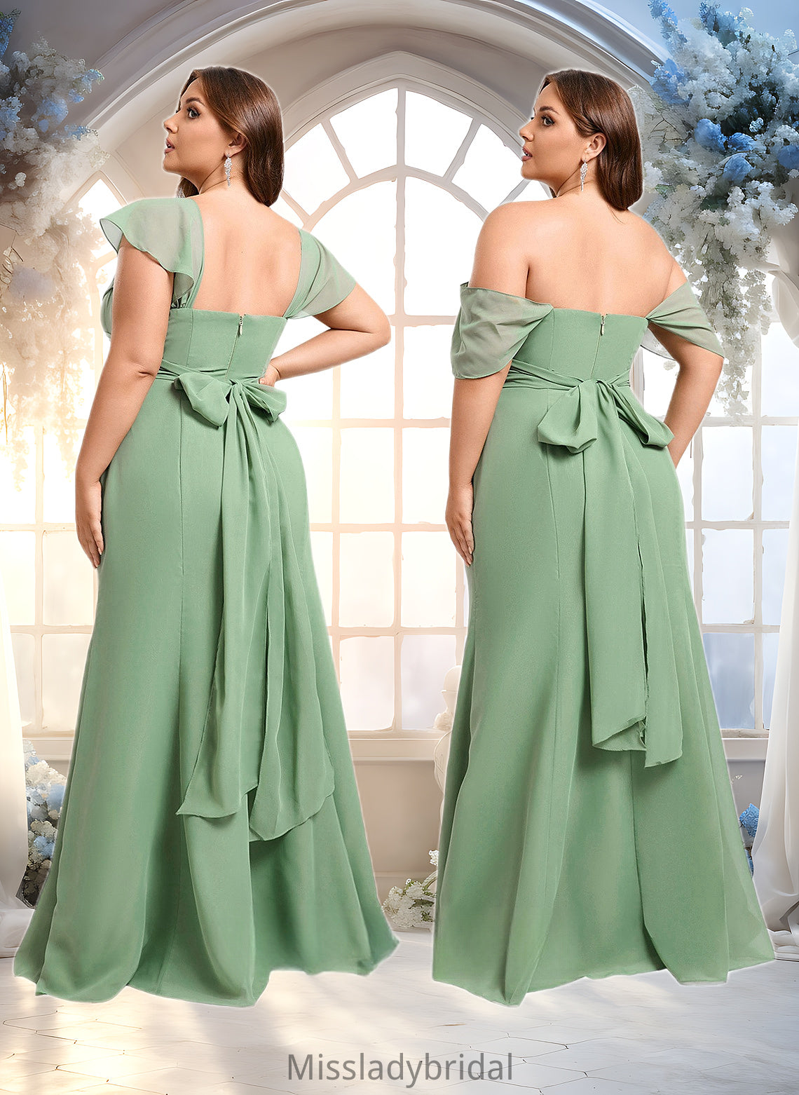 Joy Trumpet/Mermaid Off the Shoulder V-Neck Floor-Length Chiffon Bridesmaid Dress DHP0025810