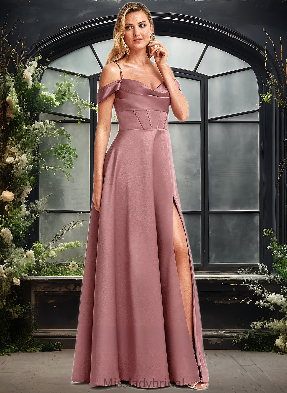 Pru A-line Cold Shoulder Floor-Length Satin Bridesmaid Dress DHP0025750