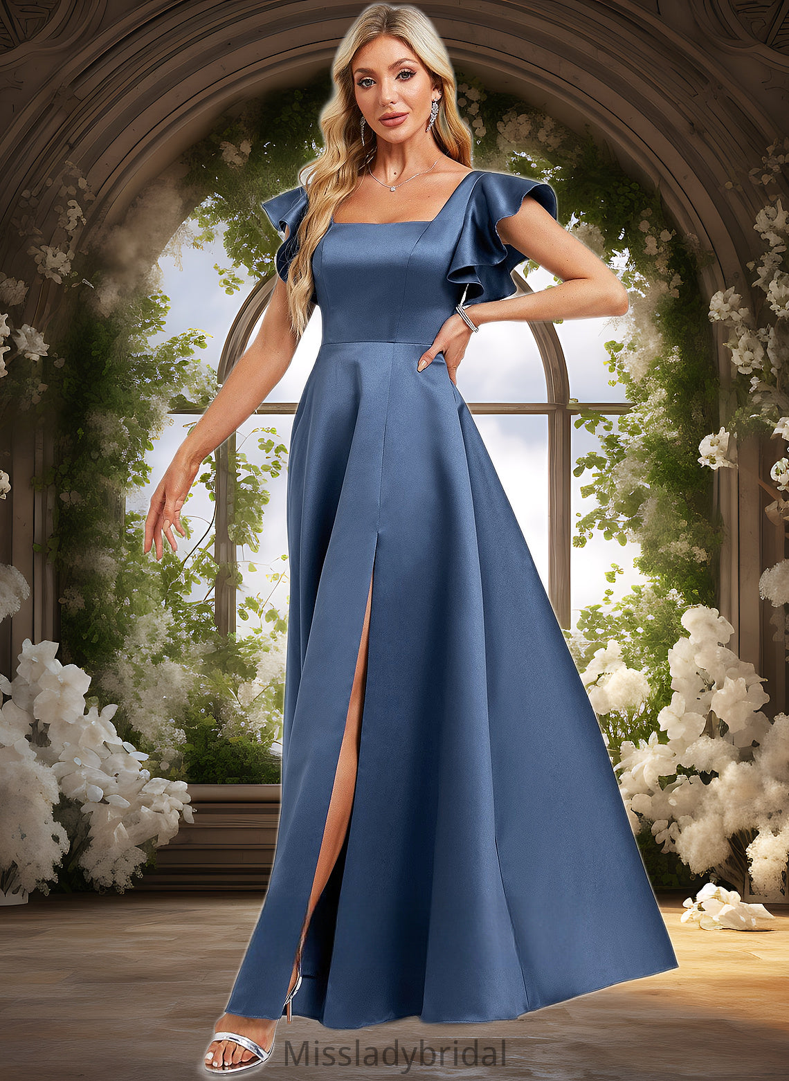 Brenda A-line Square Floor-Length Satin Bridesmaid Dress With Ruffle DHP0025774