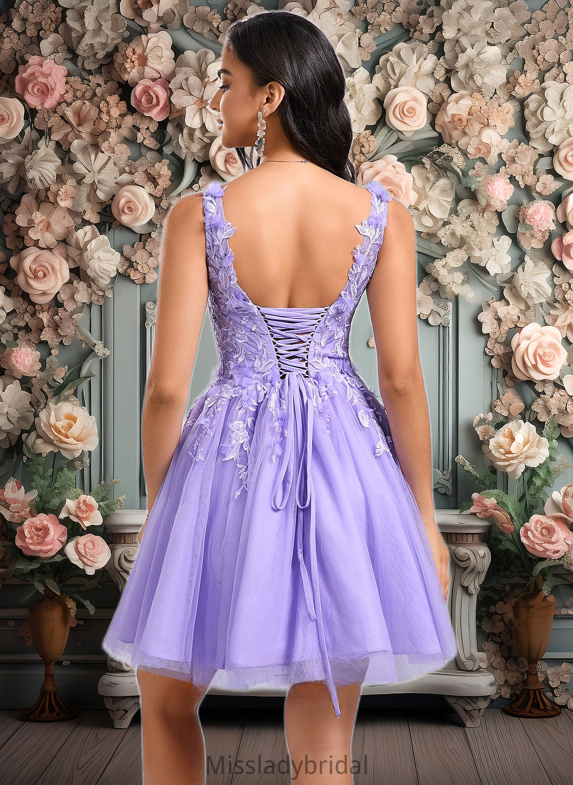 Angelina Ball-Gown/Princess V-Neck Short Lace Tulle Homecoming Dress With Flower DHP0025656