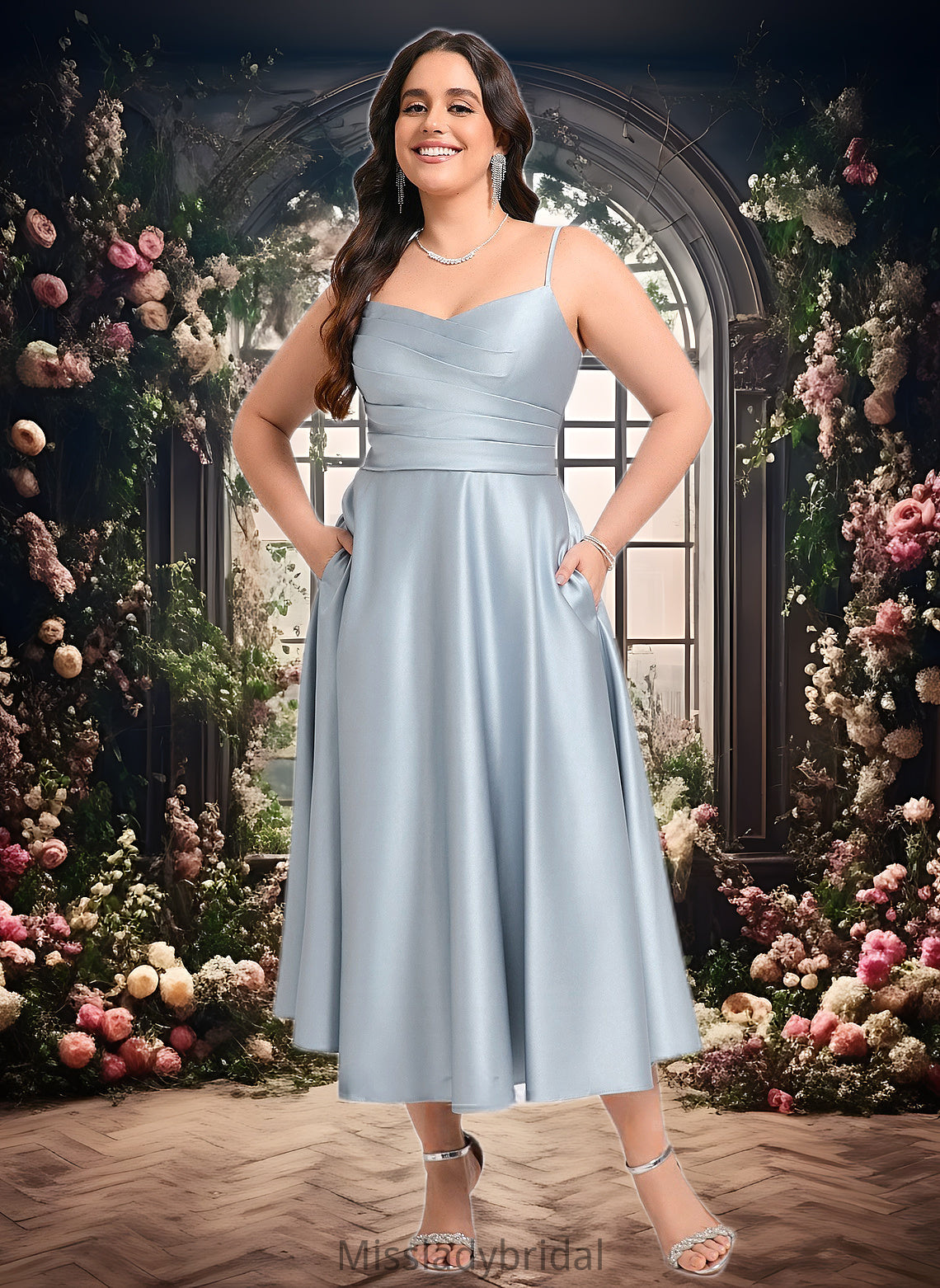 Baylee A-line V-Neck Tea-Length Satin Bridesmaid Dress DHP0025794