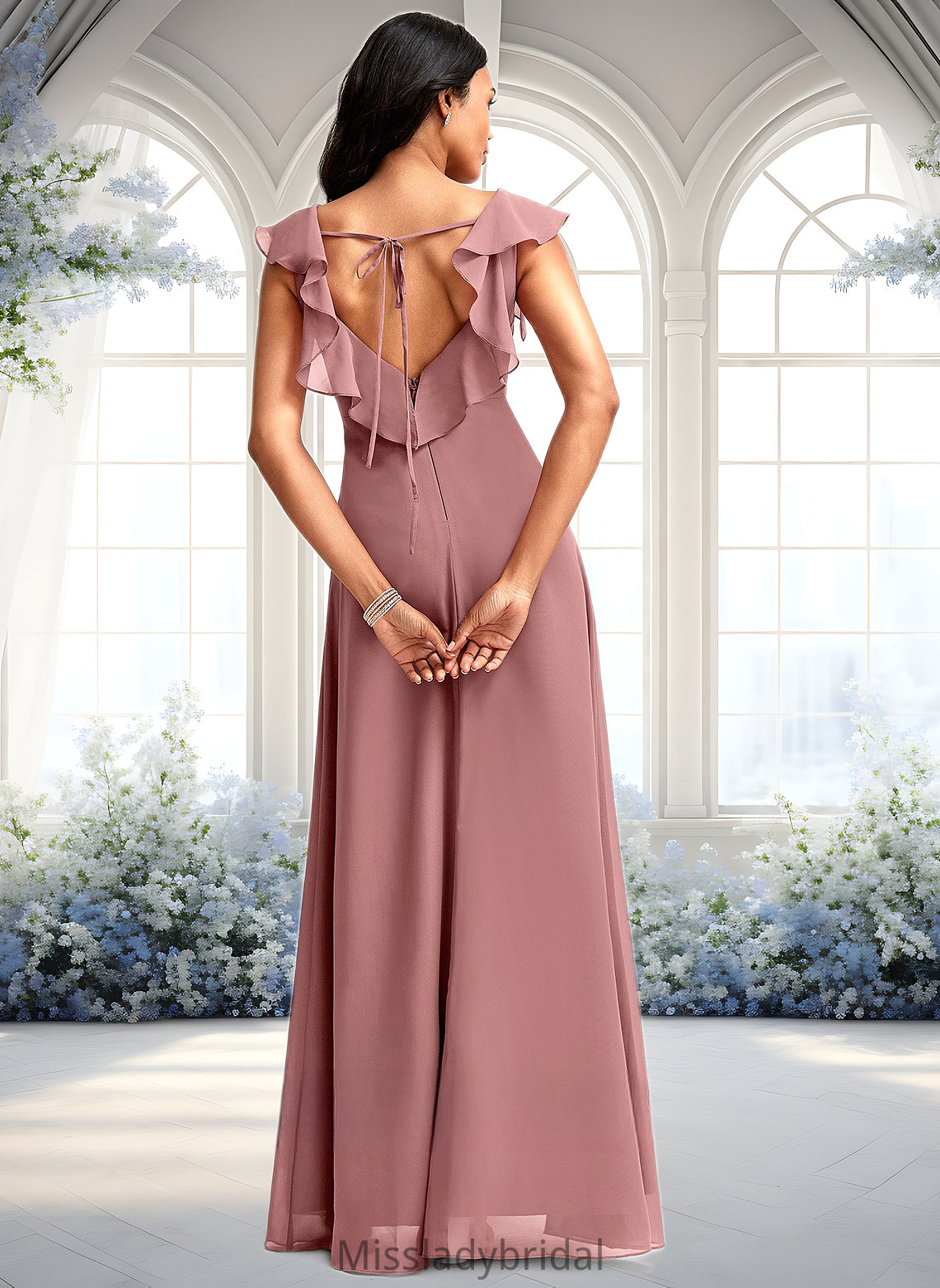 Camryn A-line V-Neck Floor-Length Chiffon Bridesmaid Dress With Ruffle DHP0025751