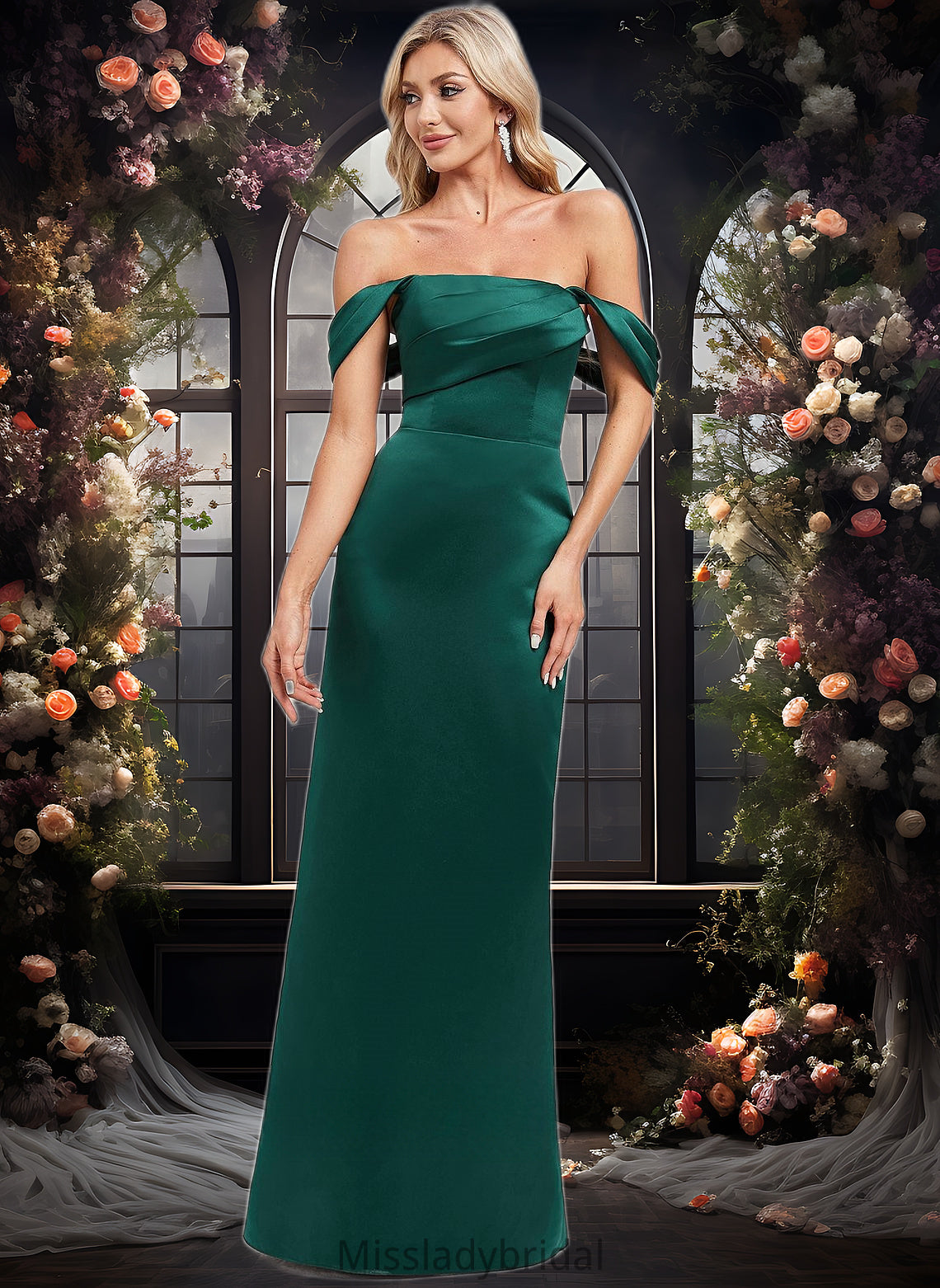 Kimberly Sheath/Column Off the Shoulder Floor-Length Satin Bridesmaid Dress DHP0025815