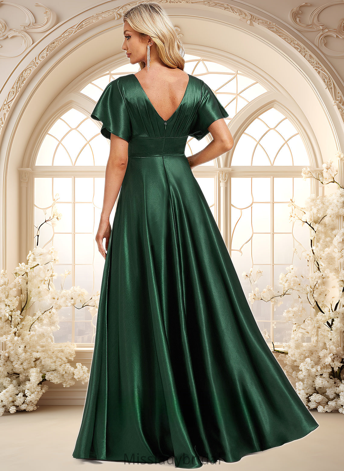 Sara A-line V-Neck Floor-Length Stretch Satin Bridesmaid Dress DHP0025782