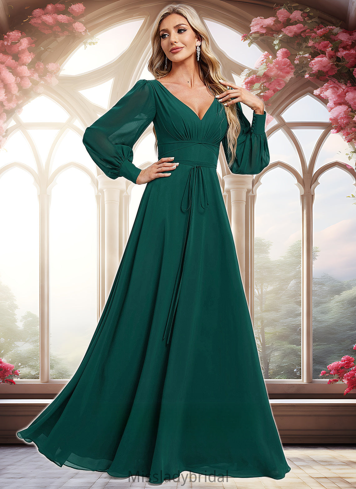 Lina A-line V-Neck Floor-Length Chiffon Bridesmaid Dress DHP0025816