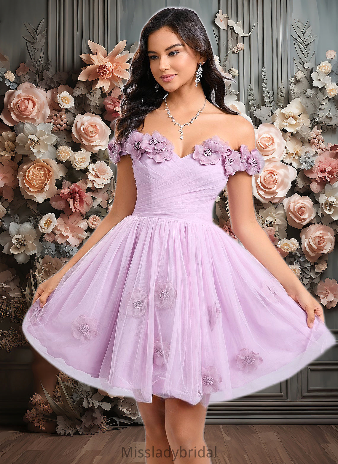 Janet Ball-Gown/Princess Off the Shoulder Short Tulle Homecoming Dress With Pleated Flower DHP0025668