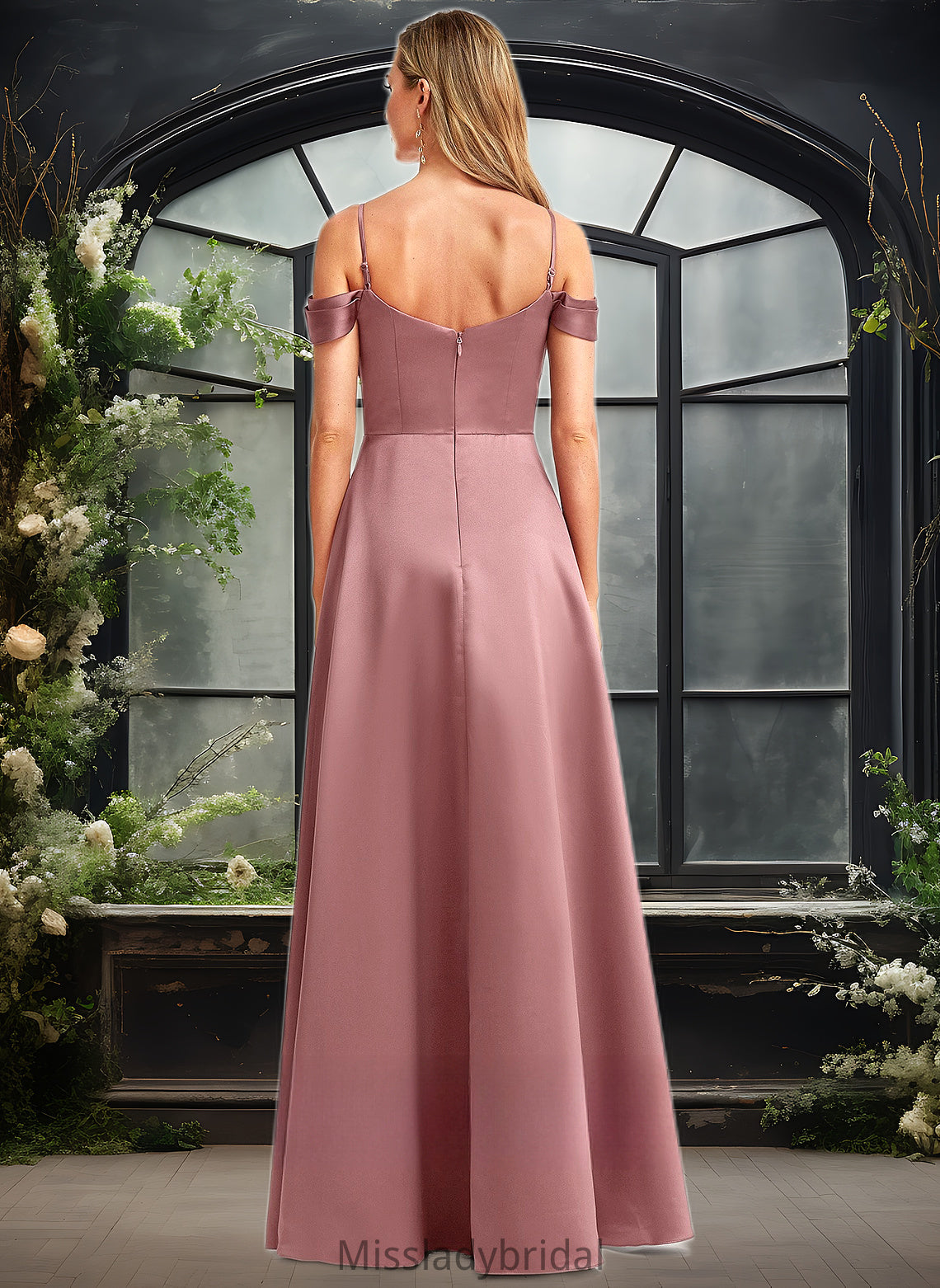 Pru A-line Cold Shoulder Floor-Length Satin Bridesmaid Dress DHP0025750