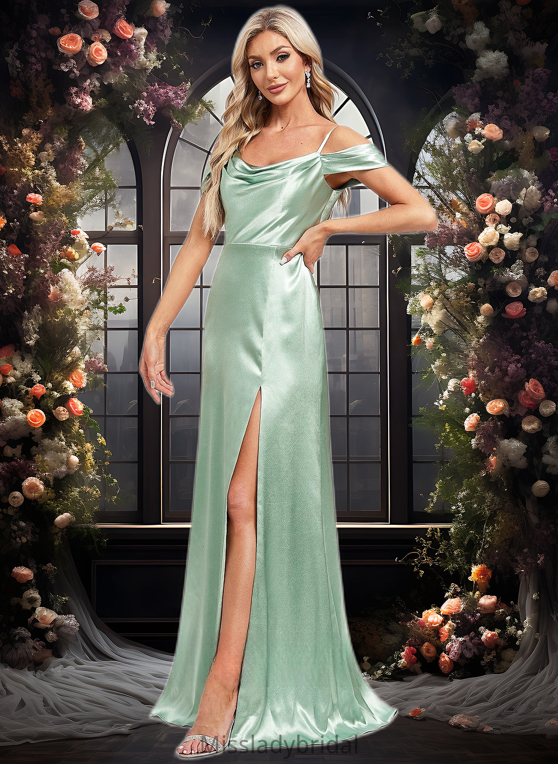 Maeve A-line Cowl Cold Shoulder Floor-Length Stretch Satin Bridesmaid Dress With Bow Ruffle DHP0025807