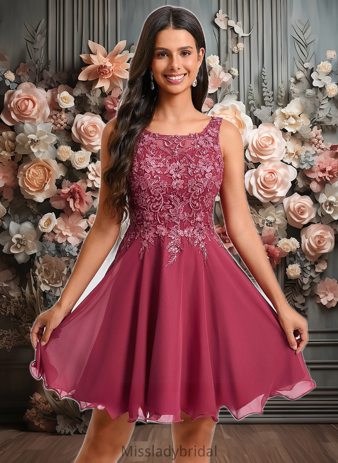 Natasha A-line Scoop Short Chiffon Homecoming Dress With Sequins Appliques Lace DHP0025681