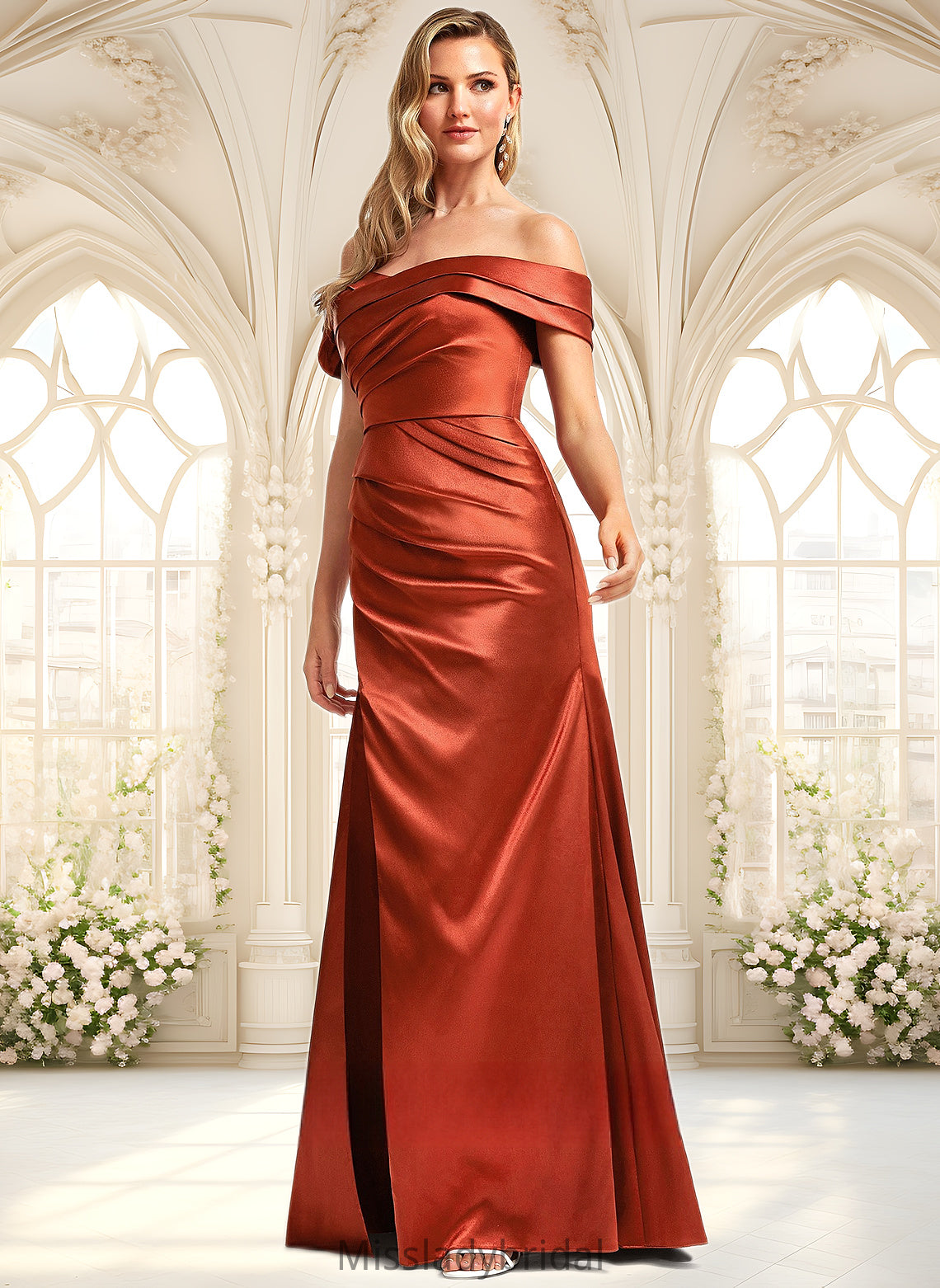 Dulce A-line Off the Shoulder Floor-Length Stretch Satin Bridesmaid Dress DHP0025757