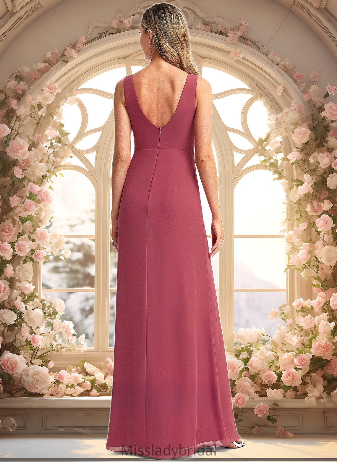 Maci A-line V-Neck Floor-Length Chiffon Bridesmaid Dress DHP0025753