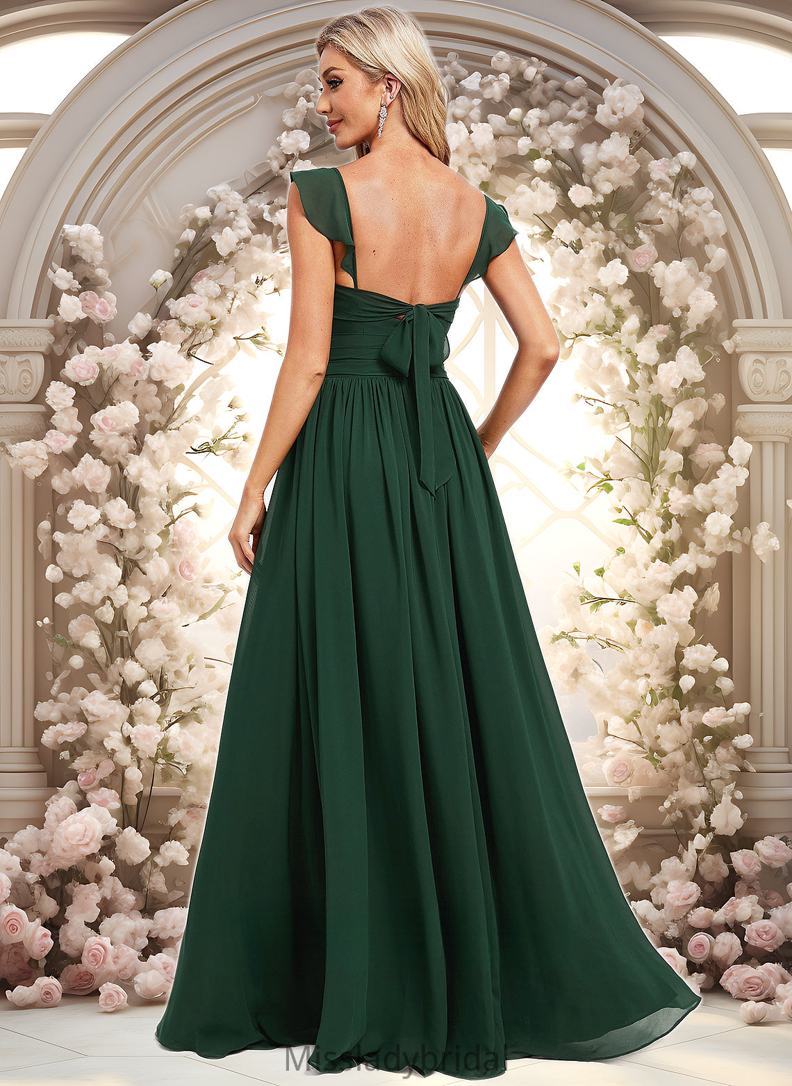 Roberta A-line V-Neck Floor-Length Chiffon Bridesmaid Dress With Ruffle DHP0025811