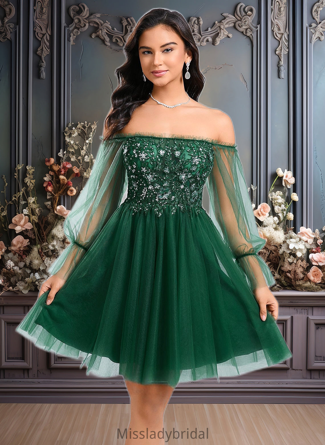 Kelsey A-line Off the Shoulder Short Tulle Homecoming Dress With Sequins Appliques Lace DHP0025663