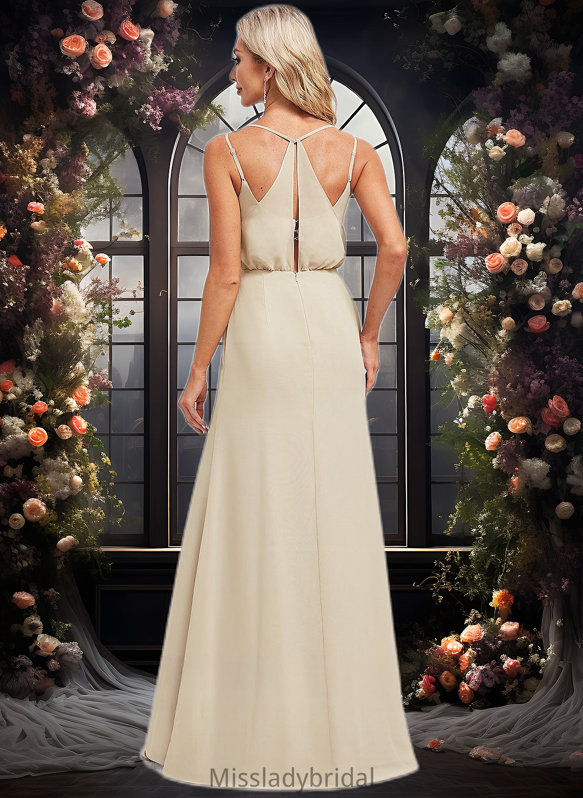 Mariela A-line V-Neck Floor-Length Chiffon Bridesmaid Dress DHP0025790