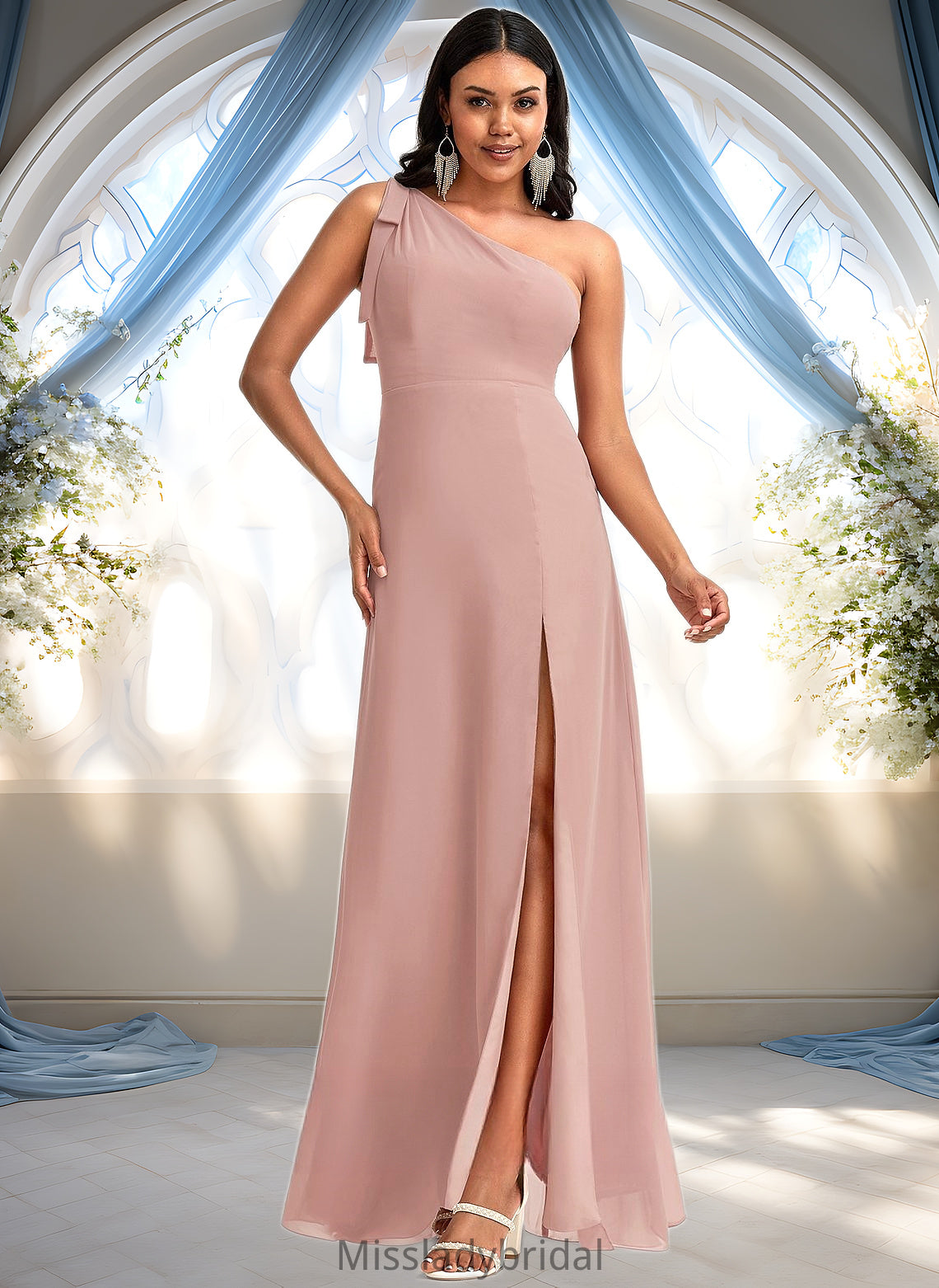 Susanna A-line One Shoulder Floor-Length Chiffon Bridesmaid Dress With Bow DHP0025748