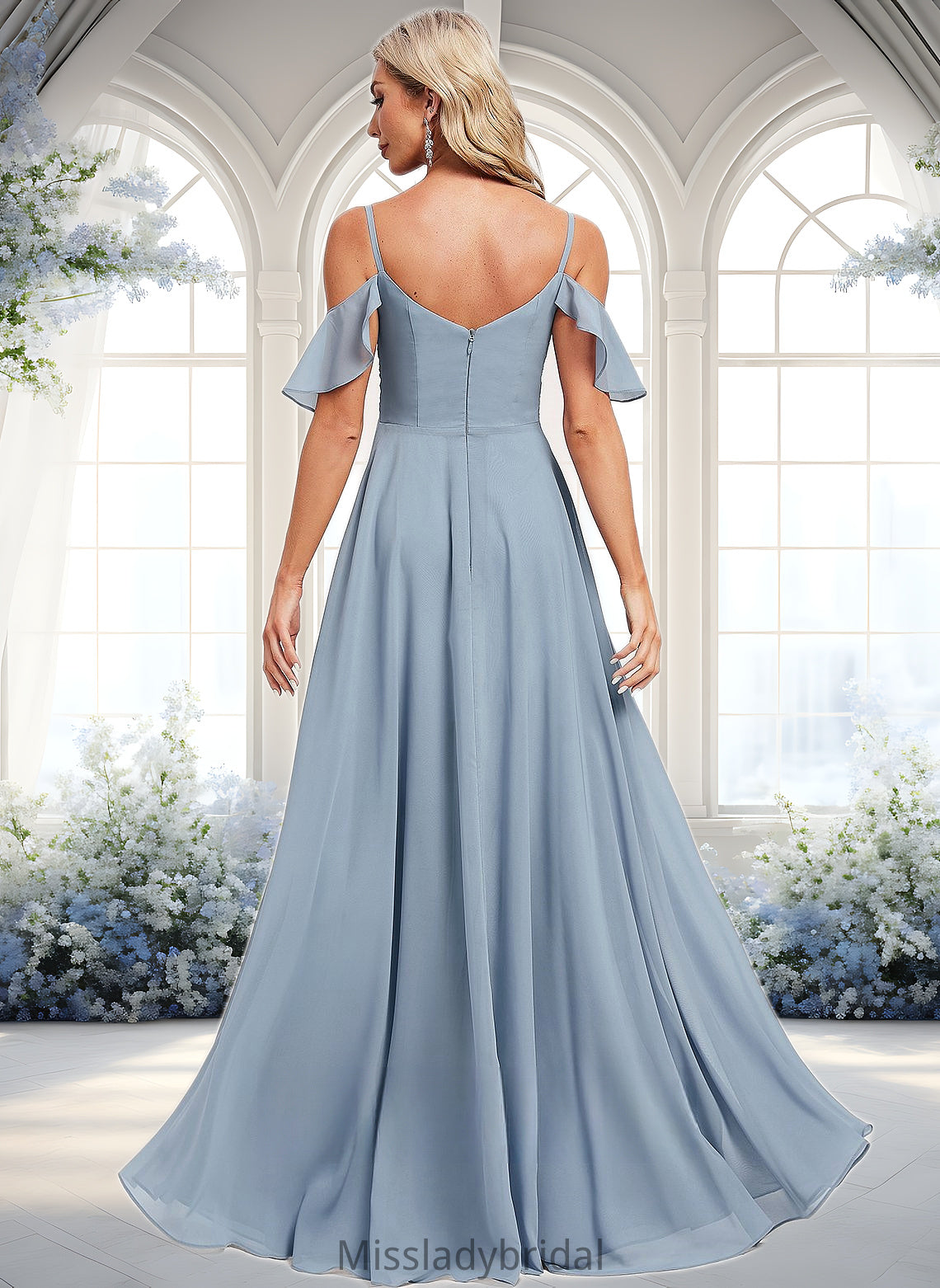 Mckenzie A-line Cold Shoulder Floor-Length Chiffon Bridesmaid Dress With Ruffle DHP0025797