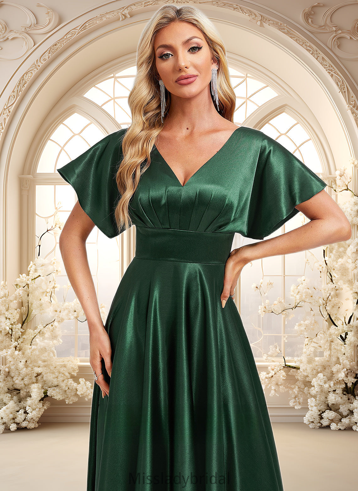 Sara A-line V-Neck Floor-Length Stretch Satin Bridesmaid Dress DHP0025782