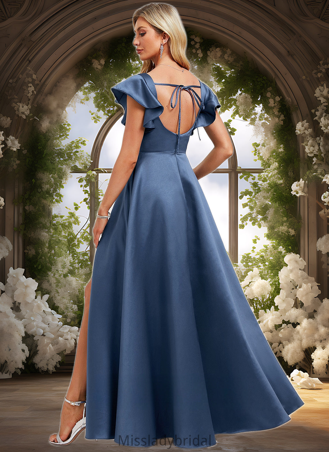 Brenda A-line Square Floor-Length Satin Bridesmaid Dress With Ruffle DHP0025774