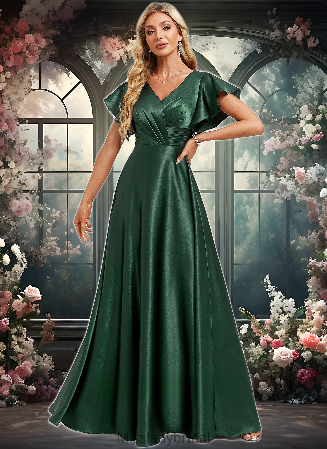 Marisol A-line V-Neck Floor-Length Stretch Satin Bridesmaid Dress With Ruffle DHP0025773