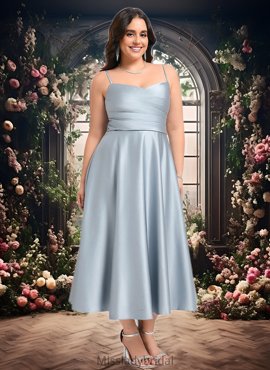 Baylee A-line V-Neck Tea-Length Satin Bridesmaid Dress DHP0025794