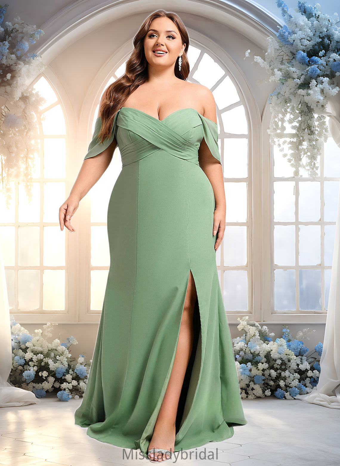 Joy Trumpet/Mermaid Off the Shoulder V-Neck Floor-Length Chiffon Bridesmaid Dress DHP0025810