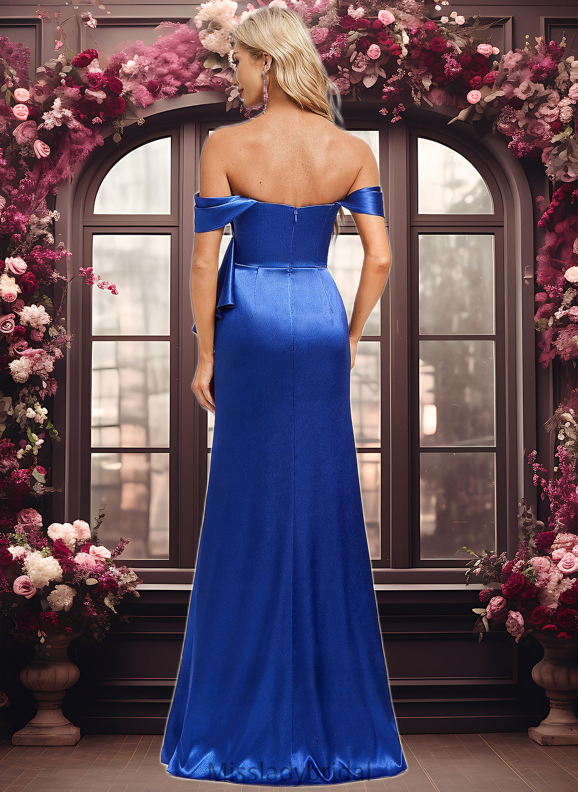 Caitlin Trumpet/Mermaid Off the Shoulder Floor-Length Stretch Satin Bridesmaid Dress With Ruffle DHP0025800