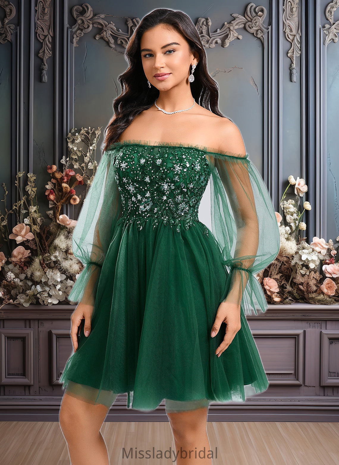 Kelsey A-line Off the Shoulder Short Tulle Homecoming Dress With Sequins Appliques Lace DHP0025663