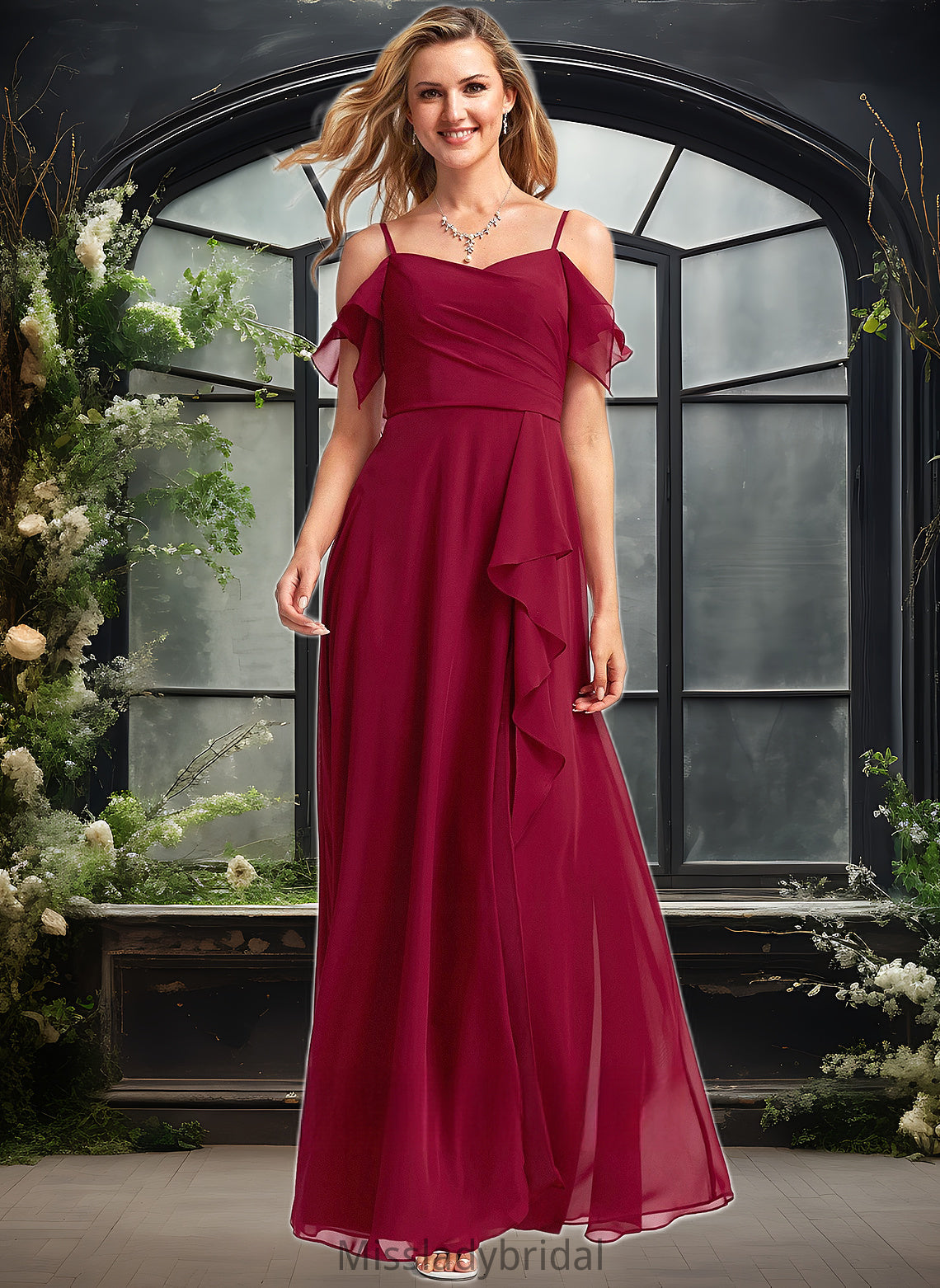 Emery A-line Cold Shoulder Floor-Length Chiffon Bridesmaid Dress With Ruffle DHP0025755