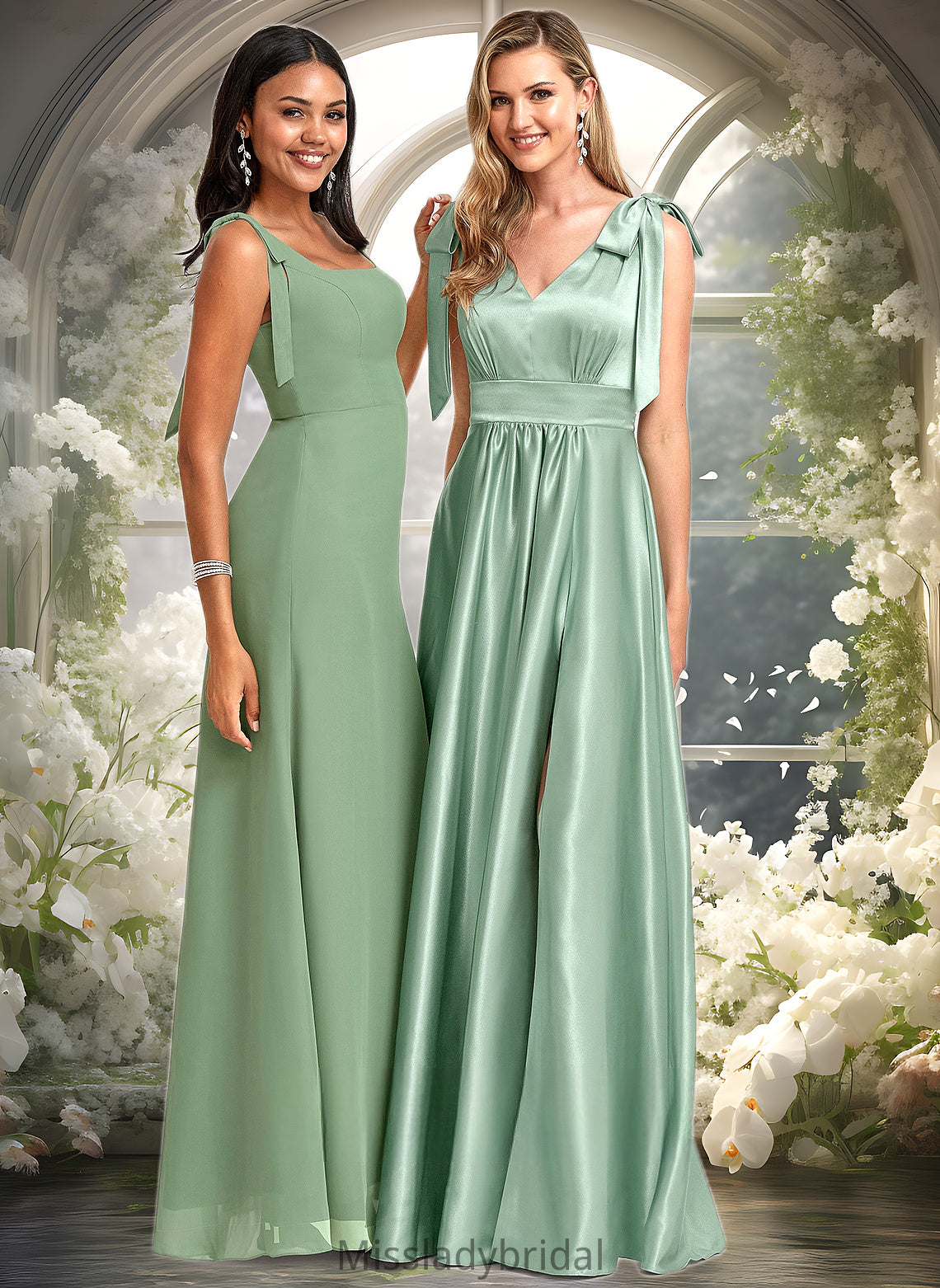 Leslie A-line V-Neck Floor-Length Stretch Satin Bridesmaid Dress With Bow DHP0025737