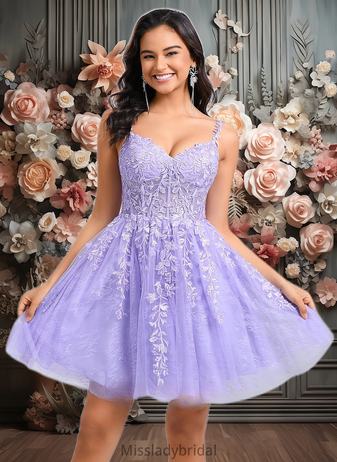 Camille A-line V-Neck Short Tulle Lace Homecoming Dress DHP0025640