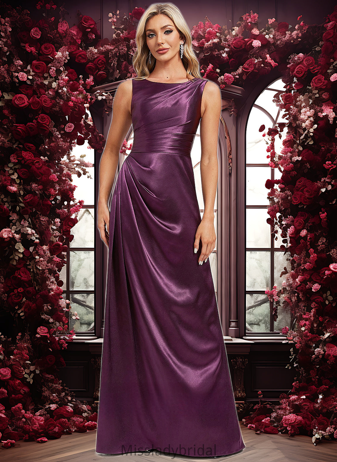 Aisha A-line Scoop Floor-Length Stretch Satin Bridesmaid Dress DHP0025829