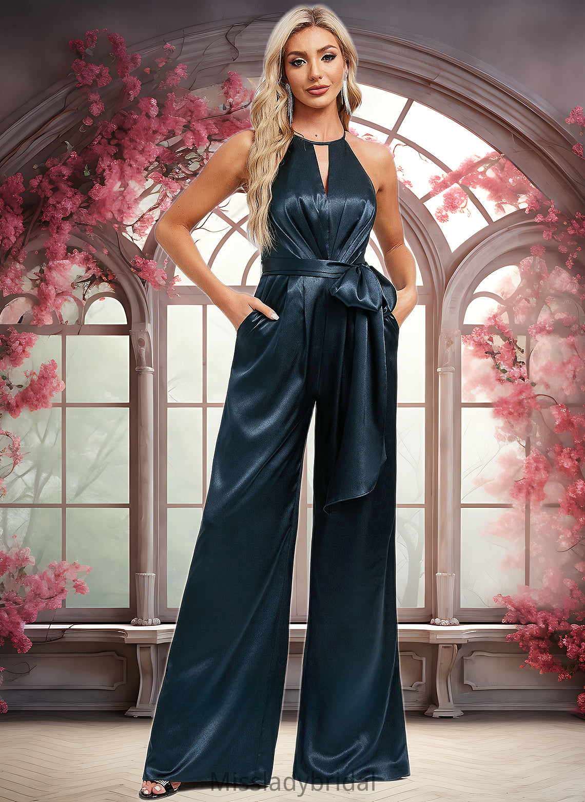 Logan Jumpsuit/Pantsuit Halter Floor-Length Stretch Satin Bridesmaid Dress DHP0025805