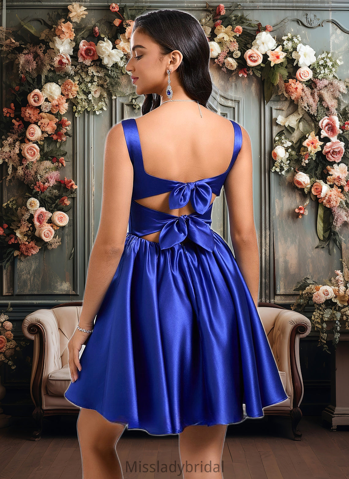 Joanne A-line Square Short Satin Homecoming Dress With Bow DHP0025672