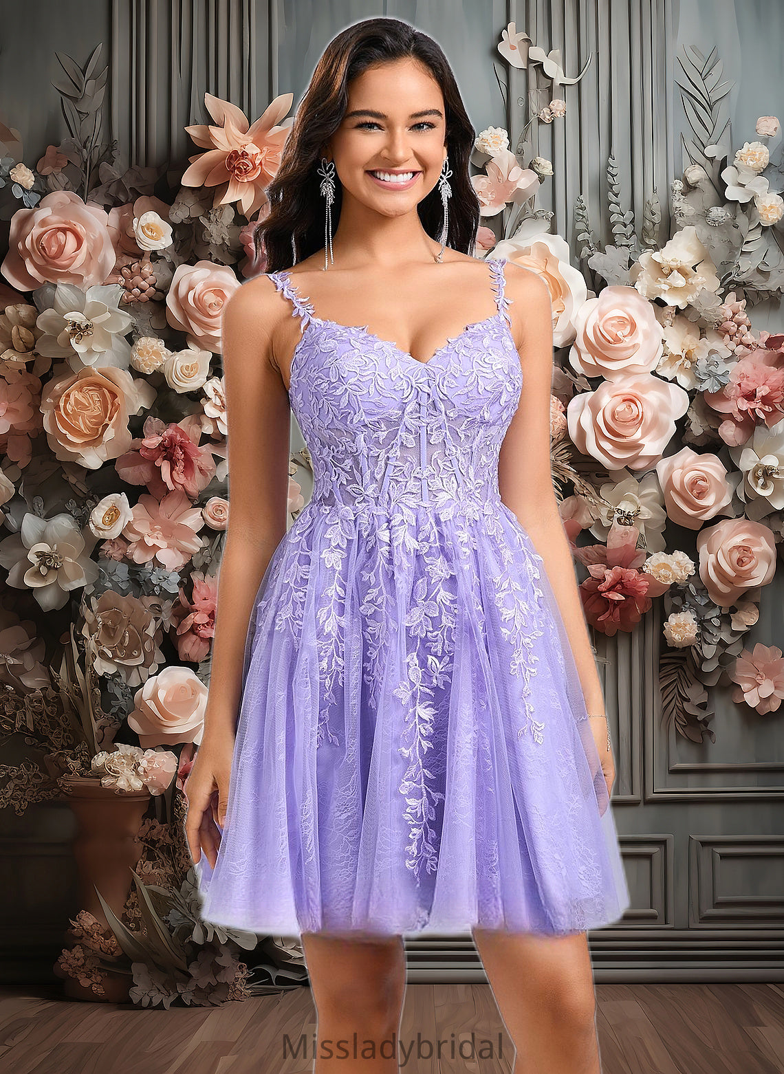 Camille A-line V-Neck Short Tulle Lace Homecoming Dress DHP0025640