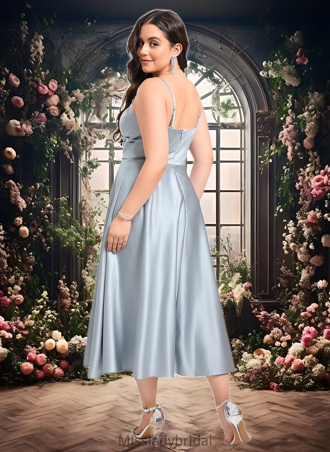 Baylee A-line V-Neck Tea-Length Satin Bridesmaid Dress DHP0025794