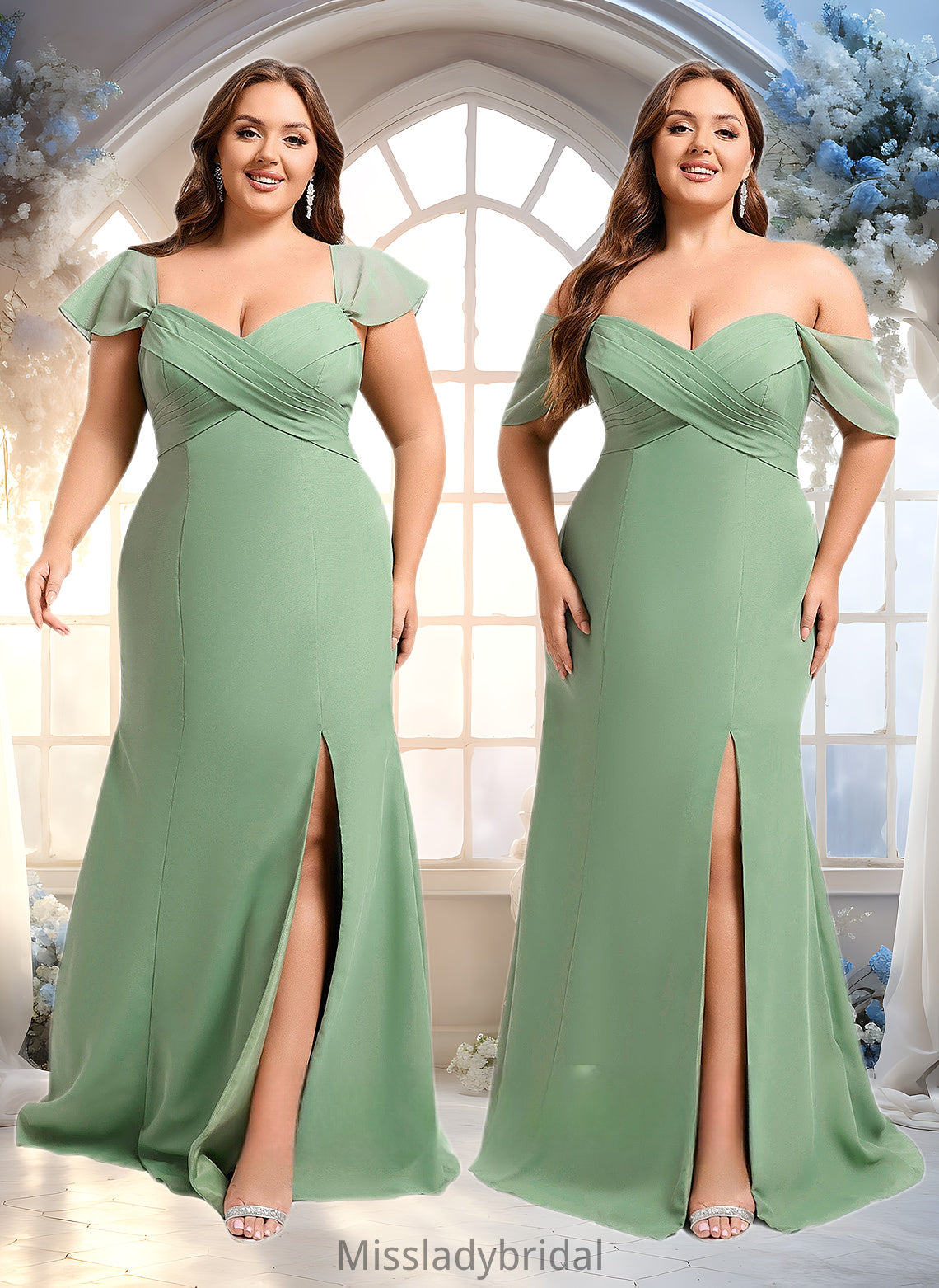 Joy Trumpet/Mermaid Off the Shoulder V-Neck Floor-Length Chiffon Bridesmaid Dress DHP0025810