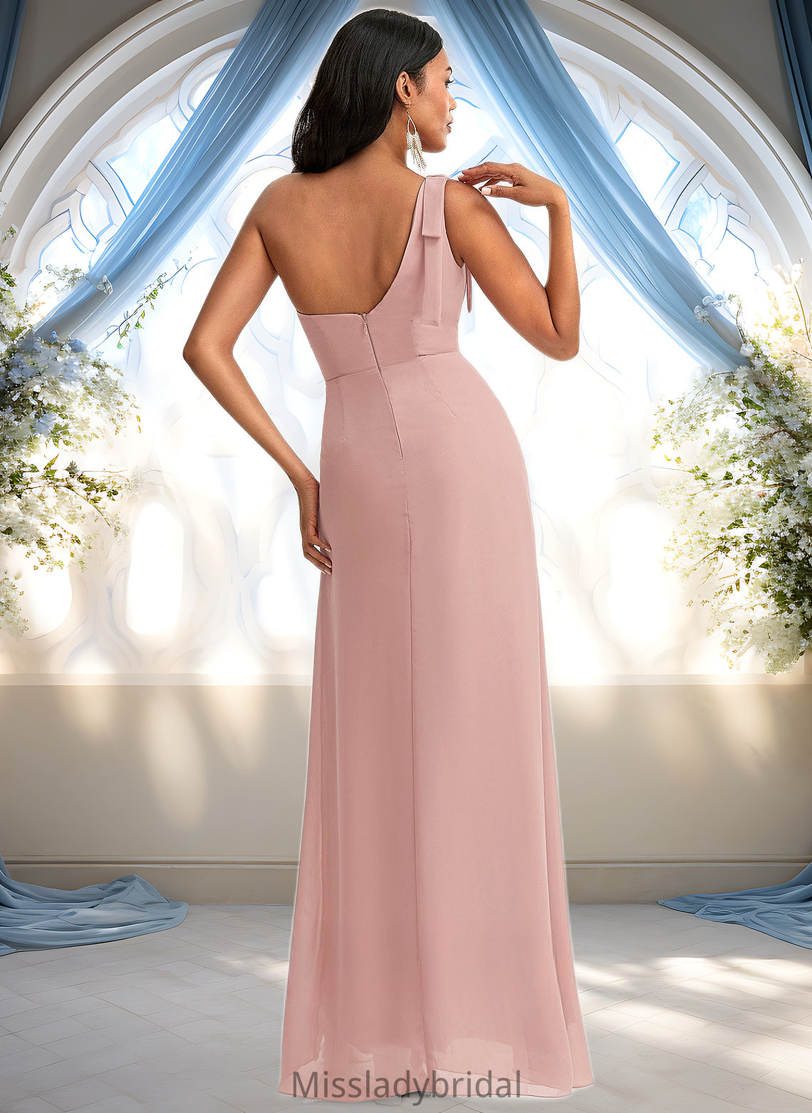 Susanna A-line One Shoulder Floor-Length Chiffon Bridesmaid Dress With Bow DHP0025748