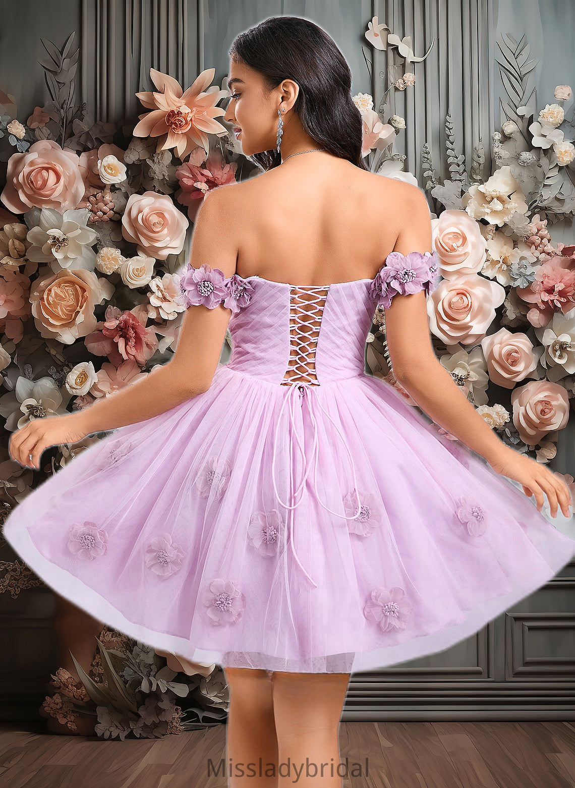 Janet Ball-Gown/Princess Off the Shoulder Short Tulle Homecoming Dress With Pleated Flower DHP0025668