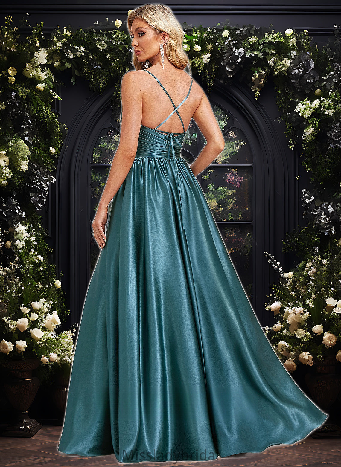 Meadow A-line V-Neck Floor-Length Stretch Satin Bridesmaid Dress DHP0025786