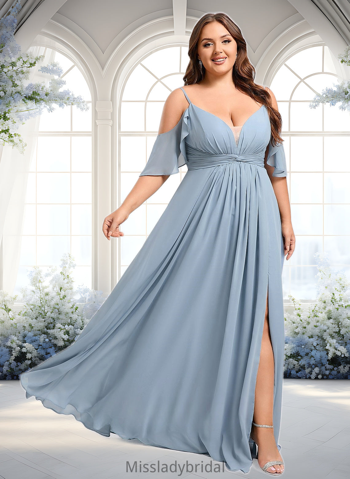 Mckenzie A-line Cold Shoulder Floor-Length Chiffon Bridesmaid Dress With Ruffle DHP0025797