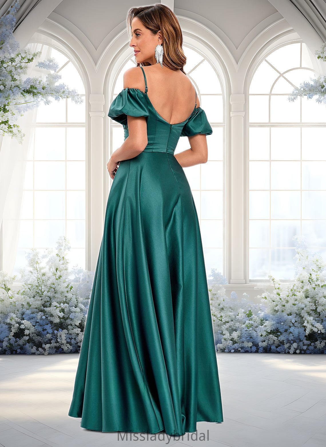 Sahna A-line Off the Shoulder Sweetheart Floor-Length Satin Prom Dresses DHP0025852