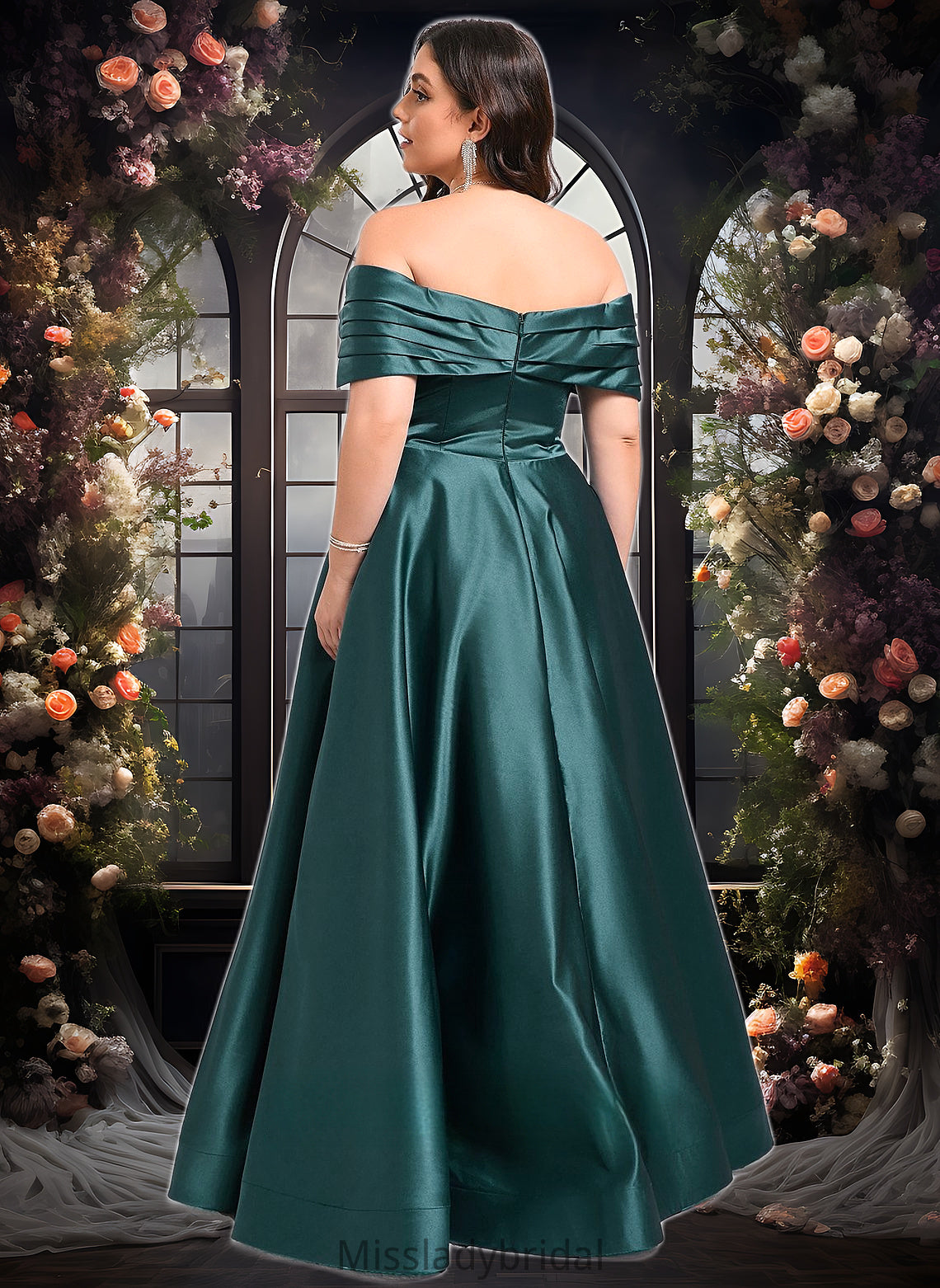 Gwendoline A-line Off the Shoulder Floor-Length Satin Prom Dresses With Pleated DHP0025851