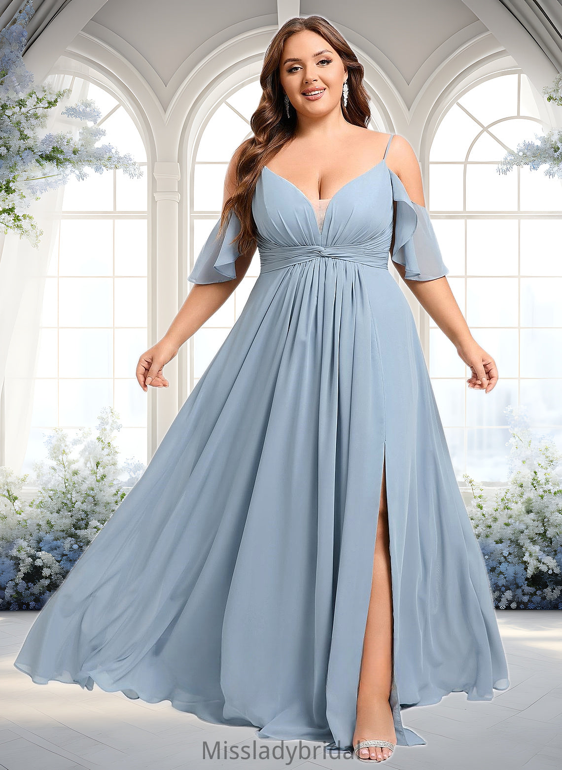 Mckenzie A-line Cold Shoulder Floor-Length Chiffon Bridesmaid Dress With Ruffle DHP0025797