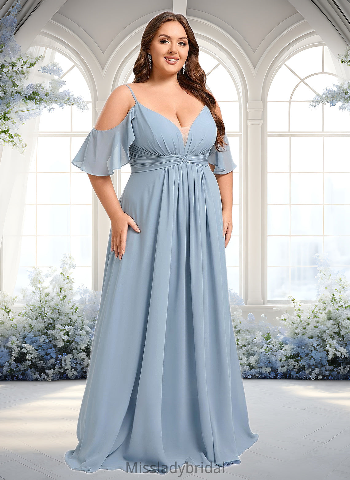 Mckenzie A-line Cold Shoulder Floor-Length Chiffon Bridesmaid Dress With Ruffle DHP0025797