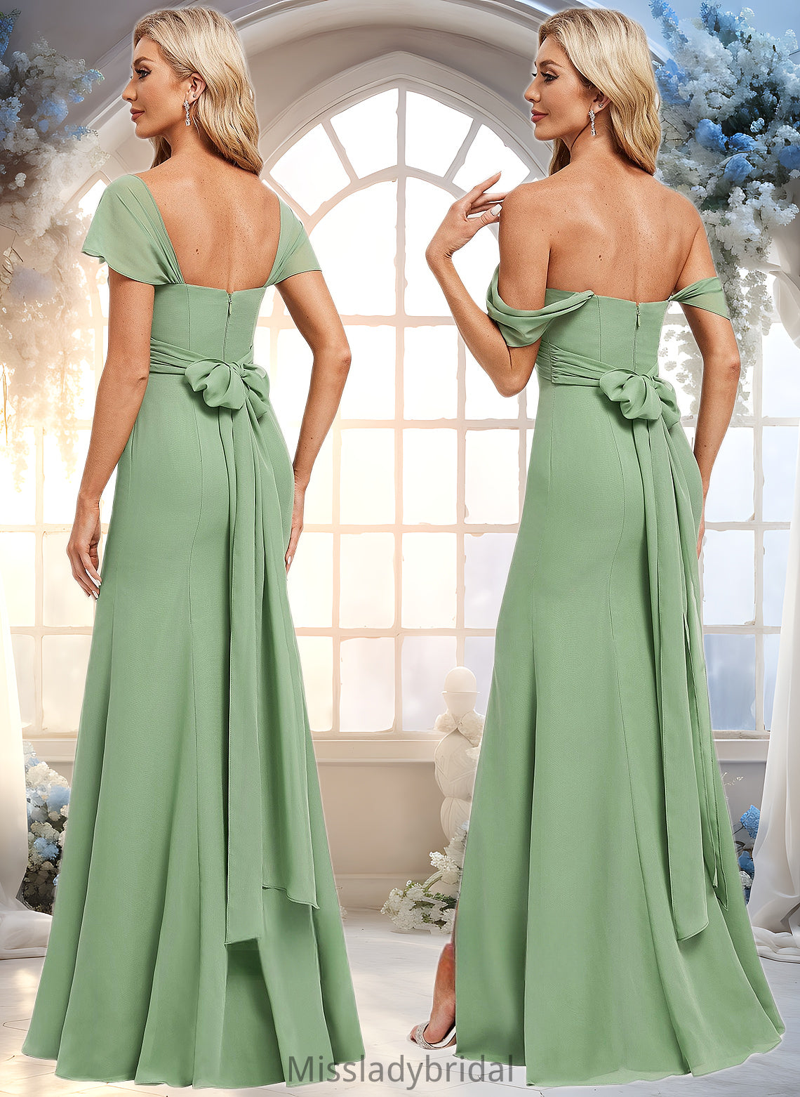 Joy Trumpet/Mermaid Off the Shoulder V-Neck Floor-Length Chiffon Bridesmaid Dress DHP0025810