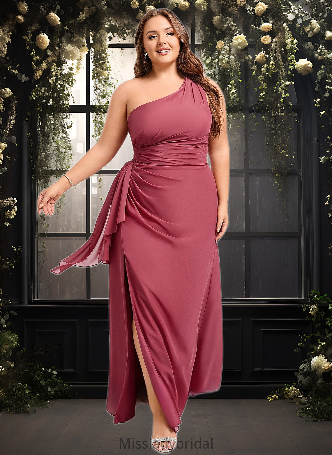 Skye A-line One Shoulder Floor-Length Chiffon Bridesmaid Dress With Ruffle DHP0025824