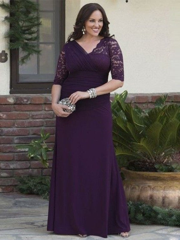 Elsa A-Line/Princess Satin Lace V-neck 1/2 Sleeves Floor-Length Mother of the Bride Dresses DHP0020382