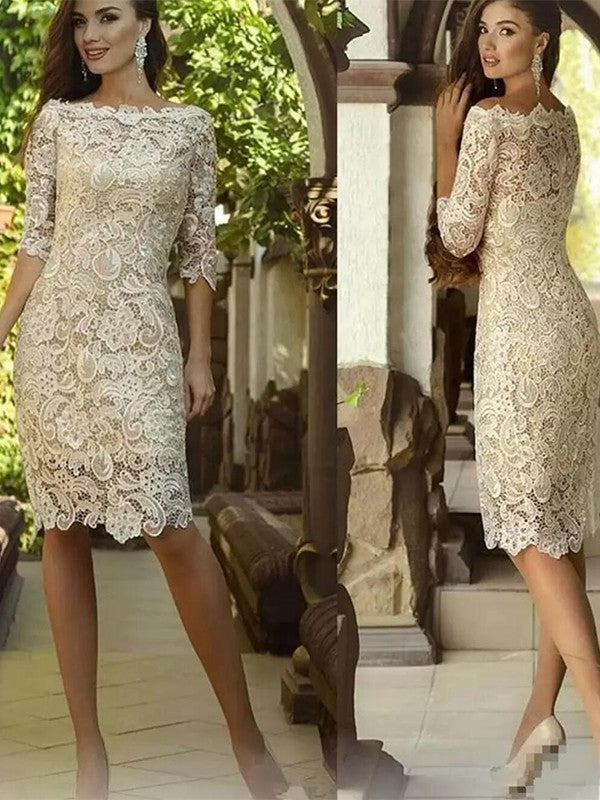 Claudia Sheath/Column Lace Applique Off-the-Shoulder 3/4 Sleeves Knee-Length Mother of the Bride Dresses DHP0020398