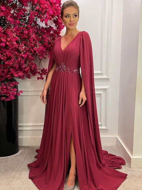 Zaniyah A-Line/Princess Chiffon Ruched V-neck Long Sleeves Court Train Mother of the Bride Dresses DHP0020287