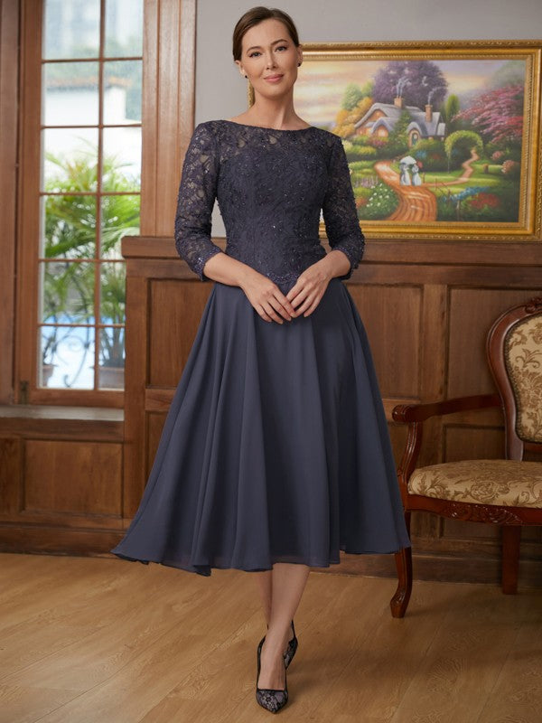 Mariyah A-Line/Princess Chiffon Lace Scoop 3/4 Sleeves Tea-Length Mother of the Bride Dresses DHP0020347